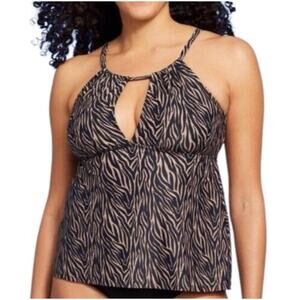 Kona Sol Women Tankini Keyhole Front Black Animal Print Stripe Brown XL 16